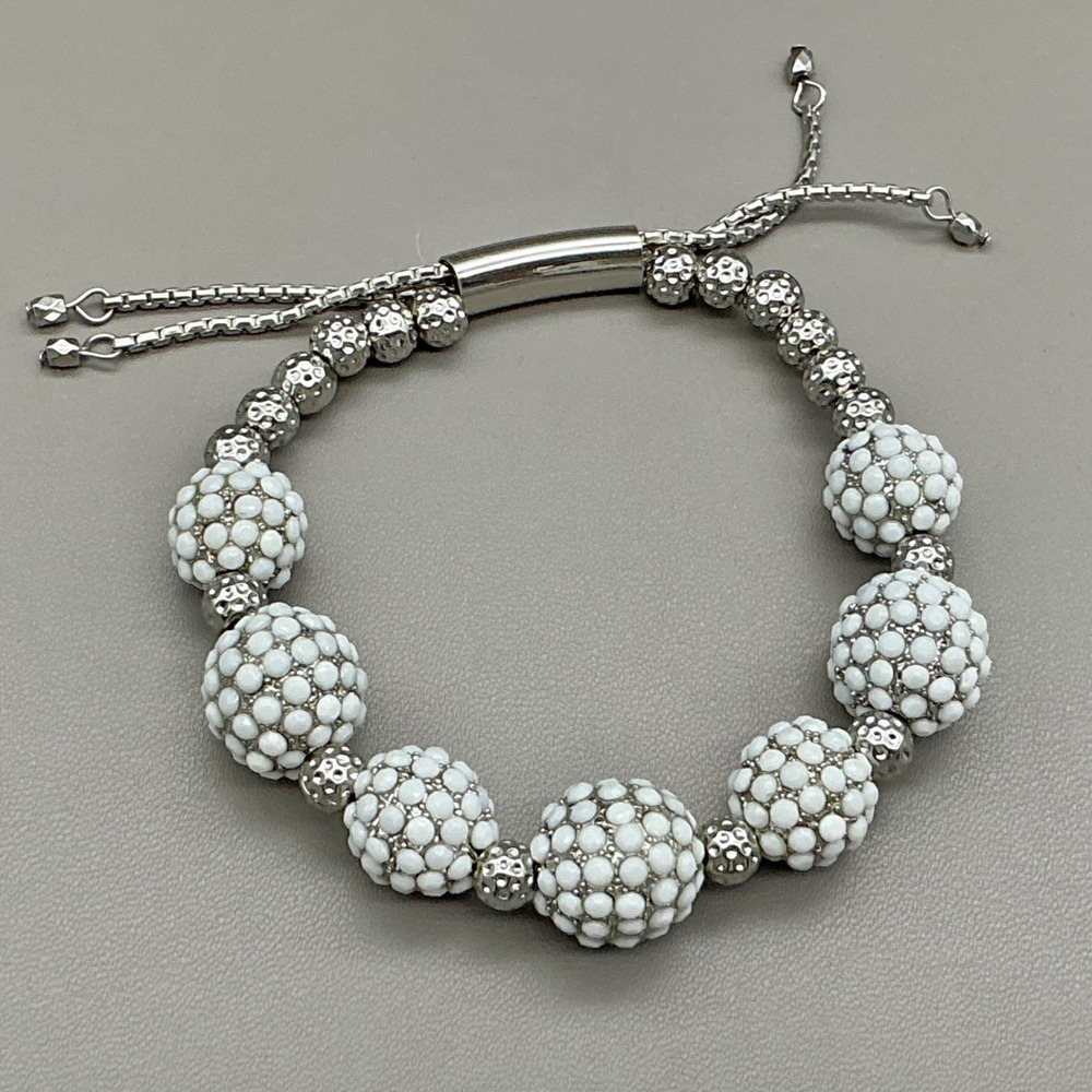 Beaded Adjustable Bolo Bracelet Women White Silver Tone Hammered Accents